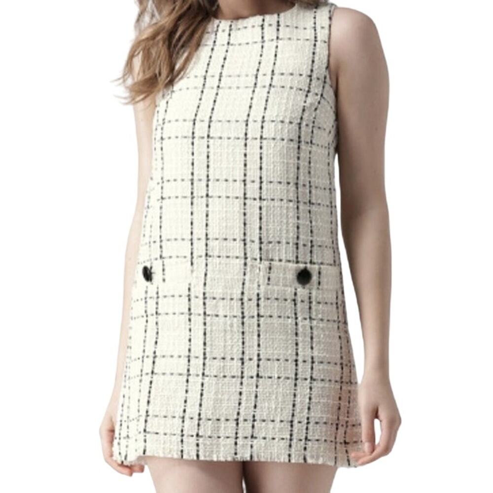 Forever 21 Tweed Mini Shift Dress Checkered Plaid Pockets Preppy Cream M